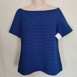 Halogen Blue Black Striped Off the Shoulder Top Size Women's XL Petite NEW